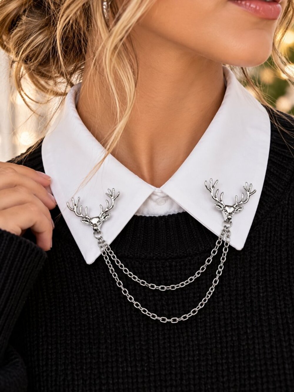 Deer Stag Antler Collar Chain Brooch Silver Gothic Elk Christmas Reindeer Pin